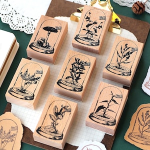 Clearance ** Plants Glass Dome Wooden Stamp, Botanical Themed Stamps, Flower, Berry, Mushroom Stamps for creative journal