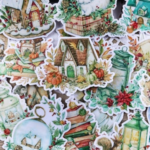 Klistermärkespaket med stugan i skogen, pepparkakshus, höst, bohemiska husklistermärken, kaffe, brev, set med planerarklistermärken, klistermärkesflingor