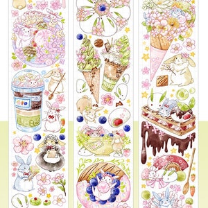 Tape Sample, Matcha Bunny Masking Tape for Art Journal and Planner, Green Tea, Rabbit and Dessert Washi Tape, Kawaii Stationery Sticker Tape