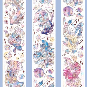 May include: A roll of washi tape featuring a repeating pattern of colorful betta fish with holographic details. The tape is 5.8 cm wide and 10 meters long. The text "Crystal Betta Fish" and "BELONG TO YOU" is printed on the packaging.