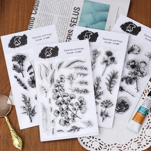 CLEARANCE *** Hoja de sello acrílico de flores variadas, plantas y sellos florales para diario, sellos botánicos transparentes para álbum de recortes