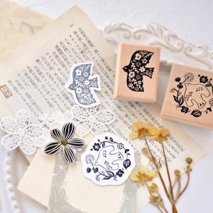 Bloem vogels stempels, houten stempel vogel en bloemenkrans, eenvoudige, op de natuur geïnspireerde stempel voor dagboek en plakboek