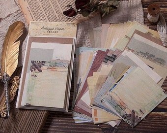 May include: A set of vintage-style paper sheets with a variety of textures and patterns. The paper is beige, brown, and cream with some sheets featuring printed designs. The paper is packaged in a clear plastic sleeve with a label that reads "Antique Paper".