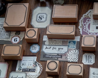 Frame and Label Wooden Stamps, Letterpress Vintage Style Tags Rubber Stamp for creative journal, Vintage Journal, Scrapbook