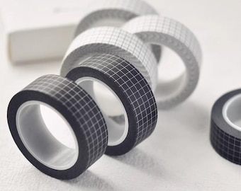 Cinta Washi de cuadrícula en blanco y negro, cinta de enmascaramiento de diseño cuadriculado básico para diario, diario y planificador, monocromo, diseño minimalista simple