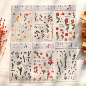Folha de adesivos de flores transparentes, adesivos com tema floral cortado, rosa, amor-perfeito, não me esqueça, algodão, adesivos de margarida