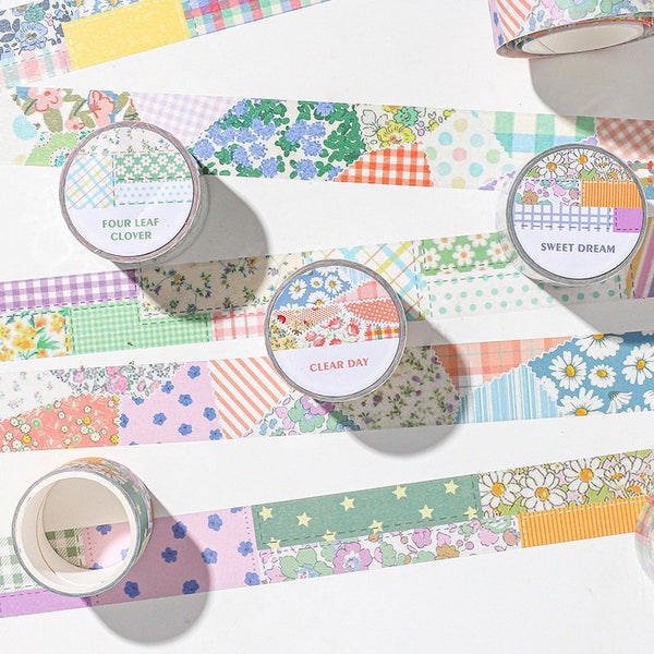 CLEARANCE *** Flower Quilt Washi Tape Roll, Floral Collage Series Masking Tape, Daisy, Four Leaf Clover Translucent Tape for Art Journal