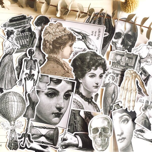 Vintage Illustraties Stickers Pack, Zwart-wit Vinyl Typewriter Die-Cut, Antiek, Junk Journal Ephemera