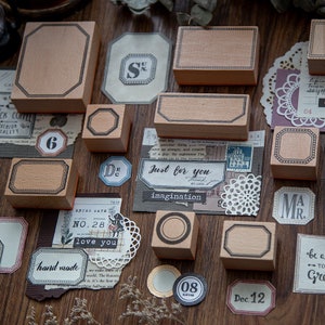Sellos de madera con marco y etiqueta, sellos de goma con etiquetas de estilo vintage para impresión tipográfica para diario creativo, diario vintage, álbum de recortes