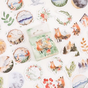 WaldGeflüster Sticker Set, WaldTiere Sticker Box Set, Fuchs, Berg, Vogel, Pflanze kreativ Journal Sticker