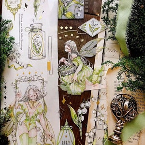 ÉCHANTILLON DE RUBAN, Lily of the Valley, Peipei Girls PET Tape Sample, Extra Wide Flower Fairy Sticker Tape pour Scrapbook, Collage Journal, Planificateur