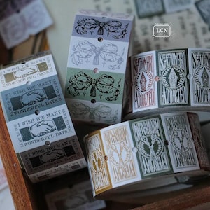 Rollo de pegatinas de LCN Design Studio: gracias y te deseo muchos días maravillosos, herramientas de escritura antiguas, pegatinas de papelería de diseño antiguo
