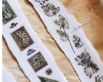 LKN x Papier Platz Antike Briefmarke Washi Tape Rolle, Pflanzen, Blume Washi Tape, Masking Tape für Junk Journal, Ephemera