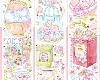 Tape Sample, Peach Tea Bunny Masking Tape voor Art Journal en Planner, Konijn en Dessert Washi Tape, Kawaii Briefpapier Sticker Tape