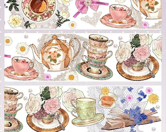 TAPE SAMPLE, Teacup Washi and PET Tape, Fgstudio Masking Tape, High Tea, Afternoon Tea Cake Themed Sticker for Collage Journal and Planner