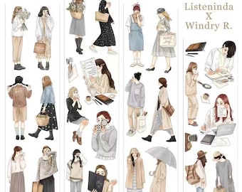 Listeninda x Windry PET Tape Sample, Girls Illustration Masking Tape for Art Journal, Collage, Aesthetic Journal, Planner Sticker