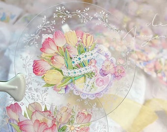 Candy Gem Season of Tulips Masking Tape, Flower and Lace Washi Tape, Watercolor Floral PET Tape, Valentine's Day Sticker