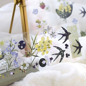 ワイルドベリーラボ クリアテープ、春、オリジナルイラストガーデン和紙テープ、花柄、水彩花デコテープ、ジャーナリング用