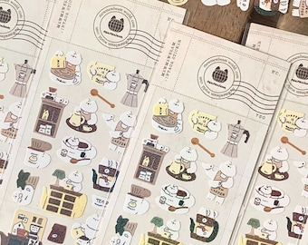Cat Barista Stickers Sheet, Coffee Shop, Holographic Glitter Stickers, Mewmewbeam Kiss-Cut Sticker Sheet, Cafe Planner and Journal Sticker