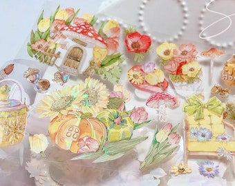 Hakiso Summer Bloom Masking Tape, Mushroom House, Sunflower Washi and PET Tape, Mailbox, Pumpkin Journal Sticker