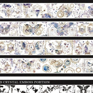 Tape Sample, Ice Age and Crystal Clear Masking Tape, Neverland Gems Series Illustration Tape, Steampunk, Mechanical Butterfy