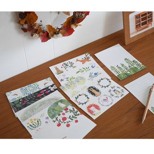 Nature Motifs Letter Paper Set A, 4Legs Penchant Mushroom Illustration Notepad, Animals and Plants Memo Paper, Postcard Size