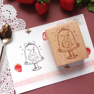 Rubberen stempel konijn glazen koepel, Kumayankee origineel ontwerp konijn in taartkoepel stempel voor creative journal en plakboek