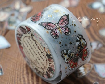 Butterfly Clear Tape, Red to Yellow, LCN PET Tape, Gold Embossed Butterflies Masking Tape for Journal, Planner