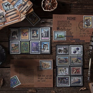 Vintage Style Stamp Die-Cut Sheets, Printed Replica, Space Exploration, Steam Train, Flower, Cats, Mushroom Ephemera for Junk Journal