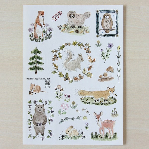 4Legs Animals Sticker Sheet, Bear, Raccoon, Fox, Deer Kiss-Cut Sticker Sheet, Owl, Artist Illustrated Planner and Journal Sticker