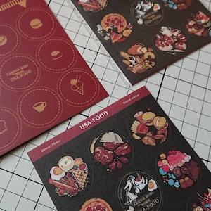 Food Themed Sticker Sheet, Pizza, Burger, Bread, Tachibanakai Original Illustration Sticker Seals, Kiss-Cut Round Stickers