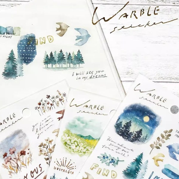 Mind Wave Warble Series Sticker Sheet, Bird, Mountain, Forest, Watercolor Landscape Planner Sticker, Japanese Stationery