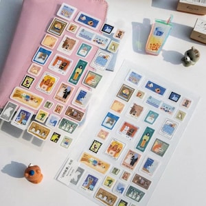 Juego de hojas de pegatinas con sellos de animales, garabatos de animales: gato, tigre, pingüino, oso polar, zorro y perro. Hoja de pegatinas troqueladas, pegatinas para planificador.