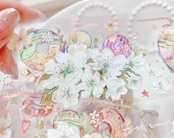 Hakiso Sweet Flowers PET Tape, Blumen und Donut, Floral Holographisches Masking Tape, Valentinstag Journal Aufkleber