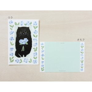 May include: A black cat holding a bouquet of blue flowers, surrounded by a border of blue flowers and green leaves. The cat is looking at the viewer. The image is on a white postcard with the word "POSTCARD" printed in black at the top.
