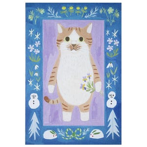 Briefkaart oranje kat met witte sokken, 4 poten geïllustreerde briefkaart, winterpostkaart, wenskaart Kitty and Flowers, verjaardagskaart