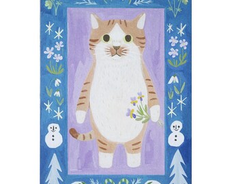 白い靴下を履いたオレンジ色の猫のポストカード、4本足のイラスト入りポストカード、冬のポストカード、子猫と花のグリーティングカード、誕生日カード