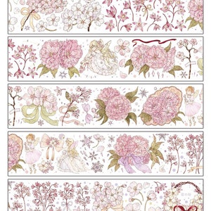 Puede incluir: Un rollo de cinta washi con un patr&oacute;n repetido de flores de cerezo rosas, copos de nieve y un hada. La cinta tiene 6 cm de ancho y 10 m de largo. El texto "Snowy Sakura" y "镭射银" est&aacute; impreso en la cinta.
