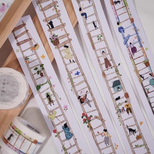 Wanle Studio One Big Ladder Washi-tape, meisjesillustratie afplaktape, kat, bloemendagboek en plannersticker