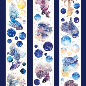 May include: A roll of washi tape featuring a repeating pattern of betta fish with galaxy-inspired designs. The tape is white with blue, purple, and gold accents. The text "Galactic Betta Fish" is printed on the tape. The text "PET TAPE + 3D GOLD / HOLO EMBOSS" is printed on the tape. The text "INFORMATION: SIZE: 5.8CM X 10M LOOP: 100CM REPEAT STICKER RELEASE PAPER" is printed on the tape. The text "BELONG TO YOU" is printed on the tape.