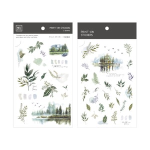 MU Impressão de estilo de vida em adesivos 216, folha, paisagem natural esfregada em folha de adesivos, impressão de floresta em adesivos para planejador