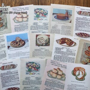 May include: A collection of vintage recipe cards featuring various cake recipes. The cards are printed on white paper with black text and illustrations of cakes and pastries. The recipes include titles like "French Pastry", "Baking Powder Biscuit", and "Similar Mixture".