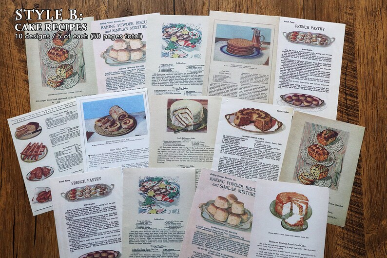 May include: A collection of vintage recipe cards featuring various cake recipes. The cards are printed on white paper with black text and illustrations of cakes and pastries. The recipes include titles like "French Pastry", "Baking Powder Biscuit", and "Similar Mixture".