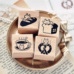 Bunny Cafe Stempel Set, Brot und Kaffee Holz montiert Stempel, Kawaii Planer und Journal Versorgung, Kartenherstellung, Scrapbook Stamp