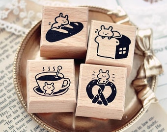 Bunny Cafe Stempel Set, Brot und Kaffee Holz montiert Stempel, Kawaii Planer und Journal Versorgung, Kartenherstellung, Scrapbook Stamp
