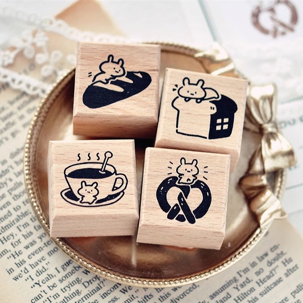 Bunny Cafe Rubber Stamps Set, Bread and Coffee Wood Mounted Stamp, Kawaii Planner and Journal Supply, Card Making, Scrapbook Stamp
