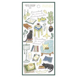 May include: A set of stickers featuring illustrations of a cozy living room with books, a cat, a lamp, a chair, a cup of coffee, and plants. The stickers are printed on white paper with a green border. The text on the stickers reads "Snug Room" and "The wonders of being serene".