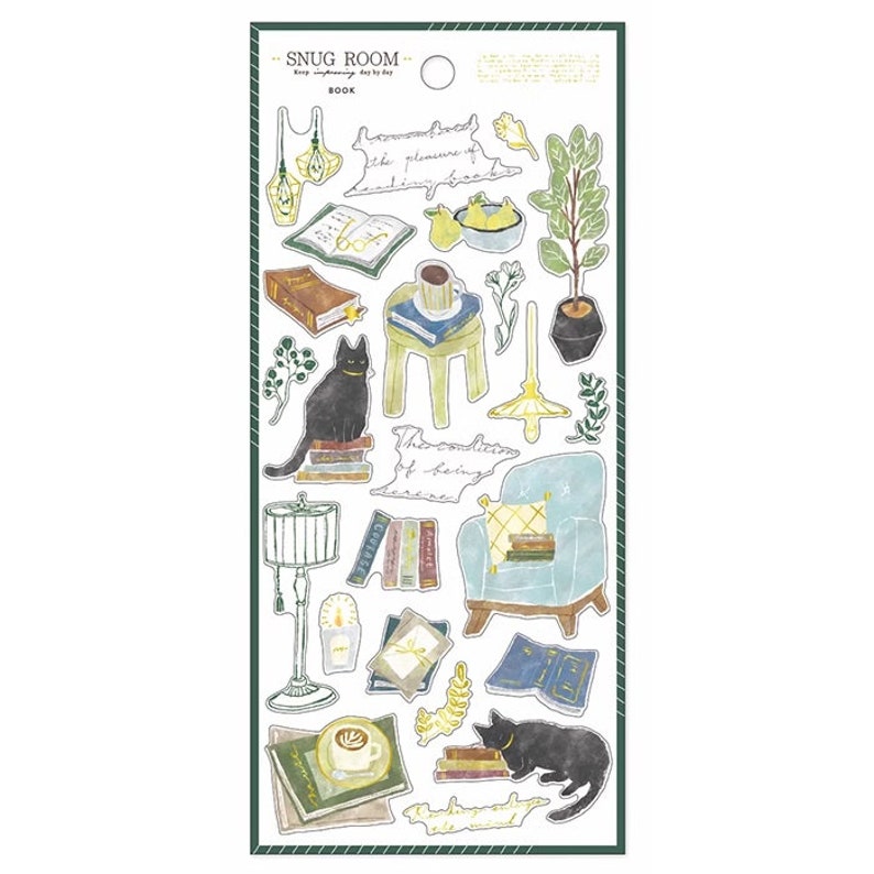 May include: A set of stickers featuring illustrations of a cozy living room with books, a cat, a lamp, a chair, a cup of coffee, and plants. The stickers are printed on white paper with a green border. The text on the stickers reads "Snug Room" and "The wonders of being serene".