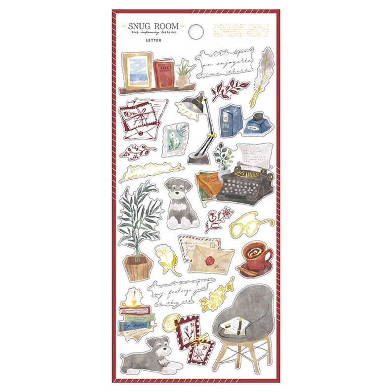 May include: A sheet of stickers featuring illustrations of a cozy room with a typewriter, books, a dog, a lamp, and a cup of coffee. The stickers are white with a red border and the text "Snug Room" and "Letter" in black.