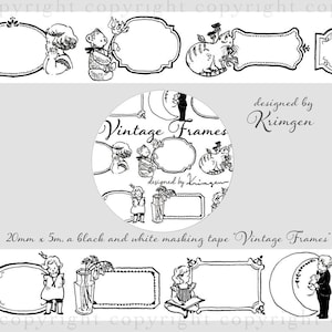 Krimgen Vintage Frames Washi Tape, Vintage Girls Original Illustration Washi Roll, Animals, Bear, Cat Masking Tape, Japanese Deco Tape